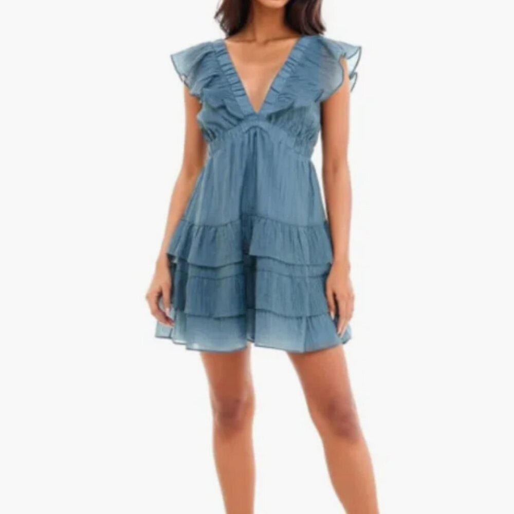 Socialite Ruffle-Detail Tiered Babydoll Mini Dress, Dusty Blue - Womens Large